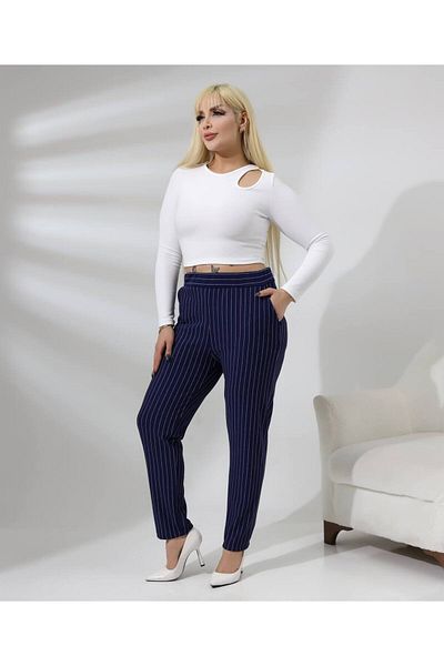 Butik Nilyam Women's Large Size Elastic Waist Lycra Crepe Fabric Trousers 22016 Navy Blue