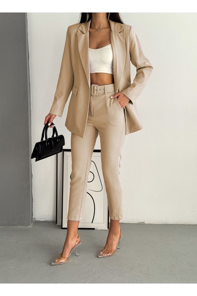diaves Bej Tek Düğme Blazer Ceket Havuç Pantolon Takım Elbise