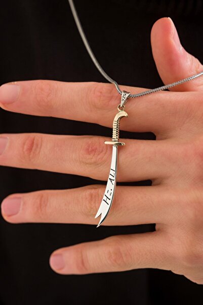 ANDA 925 Ayar Gümüş Oksitli Zincirli Çift Yönlü Zülfikar Kolye Hz. Ali