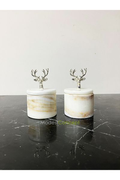 Modestmar Natural White Marble Spice Rack Set 2-Piece Marble Spice Rack with Lid and Silver Deer Object