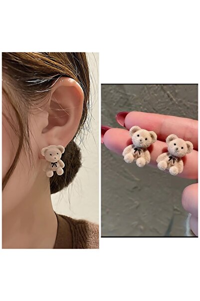QUEEN AKSESUAR Moda trend ithal sevimli tüylü 3d boyutlu teddy bear papyon fiyonklu ayıcık çivi küpe bej krem