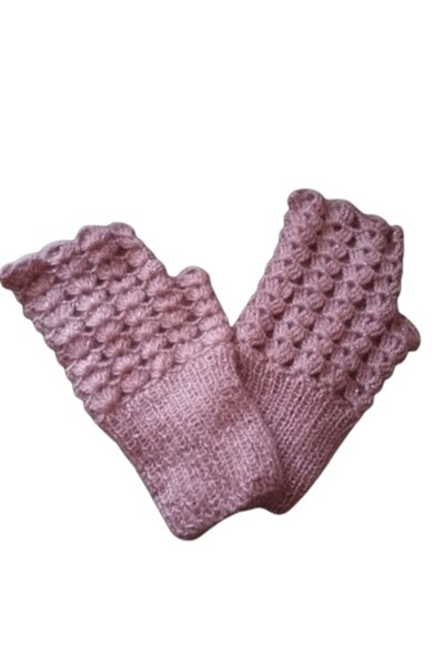 eL&Ma Design El Örgüsü Parmaksız Lastikli Simli Pudra Pembe Eldiven