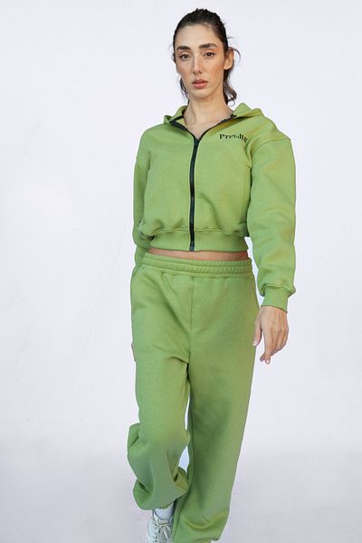 Vatkalimon Green Zippered Hooded Crop Thick Fleece Inside Knitted Sweatshirt
