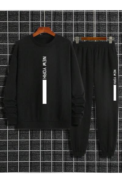 AEMİ Unisex Černá New York tepláková souprava s potiskem Crew Neck Oversize Bottom Top