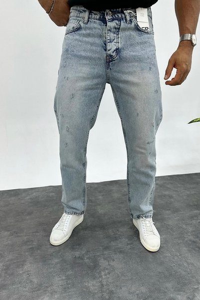BDRMAN Baggy Mavi Renk Asit Yıkamalı Yırtık Detaylı Kot Pantolon
