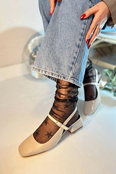 POLKA STORE Women's Audrey Beige Skin Nude Patent Leather Open Back Square Toe Helmet Short Block Heeled Shoes