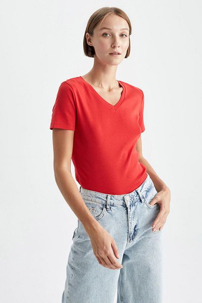 DeFacto V-Neck Slim Fit Rib T-Shirt - 100% Cotton, Short Sleeve, I1080Az23Sm