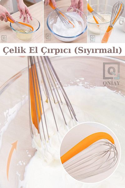 QNİAY Practical New Stainless Steel Whisk with Stripping Egg Milk Flour Pastry Dumpling Donut Dessert Hand Whisk