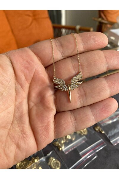 The Collection Mikail Meleği Figürlü Zirkon Taşlı Melek Kanadı Kararmaz Gold Çelik Kolye