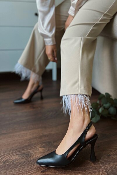 POLKA STORE Women's Rebecca Back Open Matte Pointed Toe Black Stiletto Comfortable Stylish Heeled Shoes