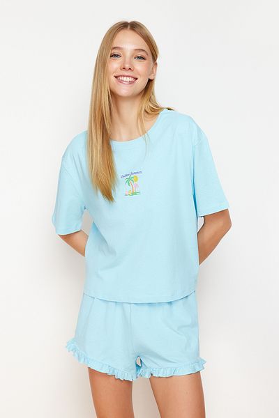 Trendyol Collection Set de pijamale 100% bumbac cu detaliu cu volane albastre - THMSS24PT00113