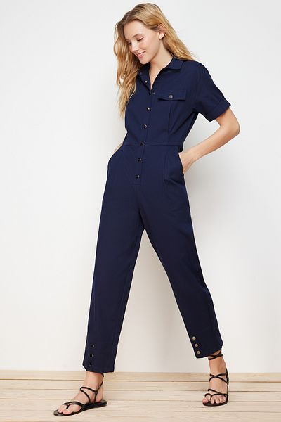 Trendyol Collection Navy Blue Button Detailed Maxi Woven Jumpsuit TWOSS24TU00003