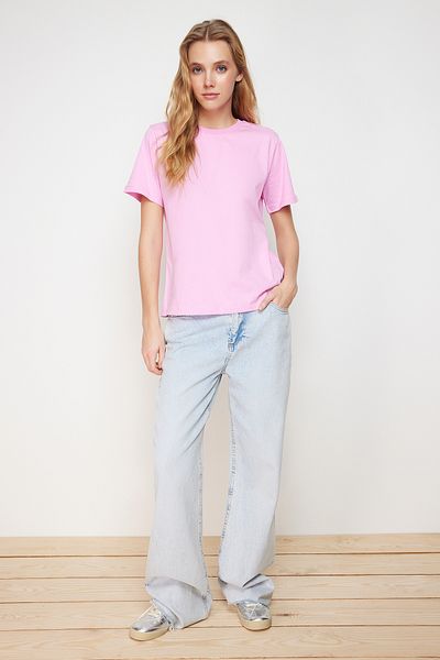 Trendyol Collection Rózsaszín 100% pamut Basic nyakú, kötött póló TWOSS23TS00000