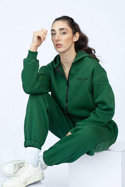Vatkalimon Dark Green Zippered Hooded Crop Thick Fleece Inside Knitted Sweatshirt