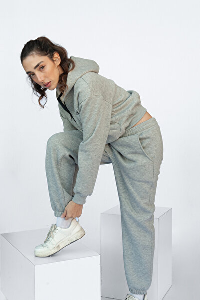 Vatkalimon Gri Melanj Fermuarlı Kapüşonlu Crop Kalın İçi Polarlı Örme Sweatshirt