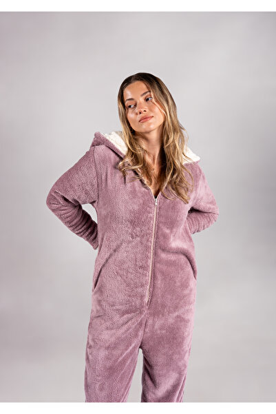 SEAMOUNT Kışlık Lila Kapüşonlu Polar Peluş Tulum, Pijama Takımı
