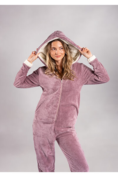 SEAMOUNT Kışlık Lila Kapüşonlu Polar Peluş Tulum, Pijama Takımı