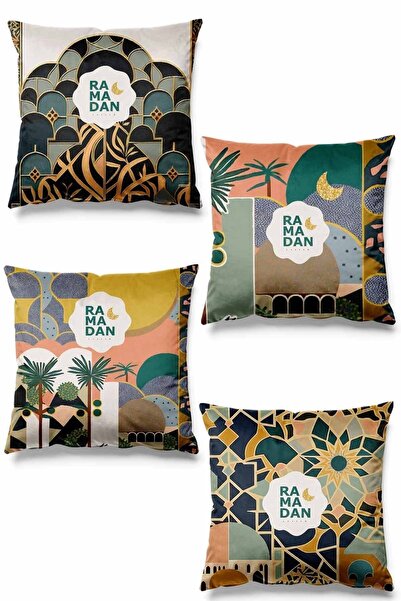 Pilloveland Çift Tarafı Baskılı Ramazan Arabic Desenli 4'lü Set Süet Kırlent Kılıfı Ramadan Kareem