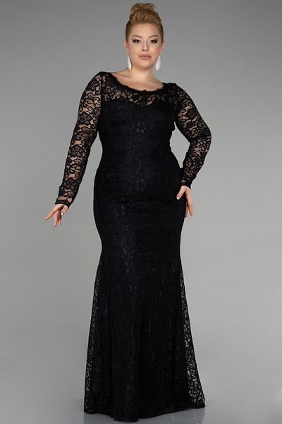 Abiyefon Black Long Guipure Long Sleeve Plus Size Evening Dress Abu1574