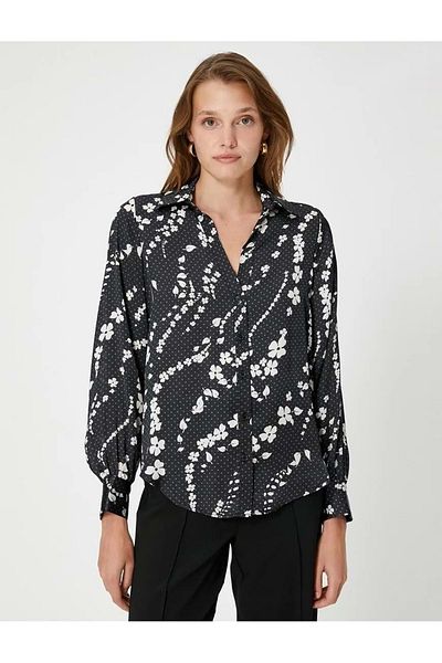 Koton Floral Shirt Long Sleeve Buttoned Classic Cuff Collar 4wak60179uw Black Patterned