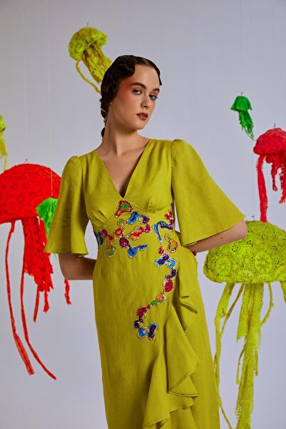 Nur OSKAY Glare, Yazlık, Bayan, Kiloş, Yarım Kollu, Keten, V Yakalı, Salyango...