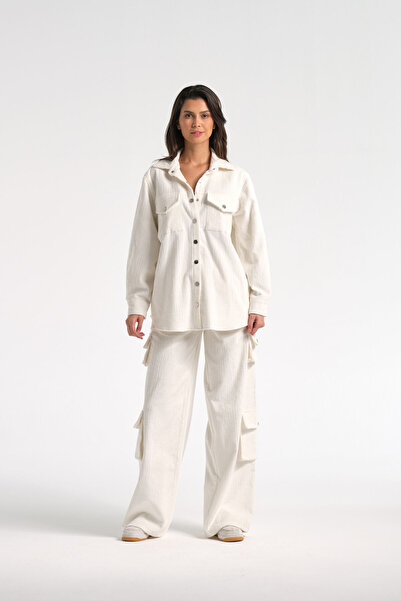 Nur OSKAY Milky Shirt, Ekru Fitilli Kadife Boyferiend Gömlek