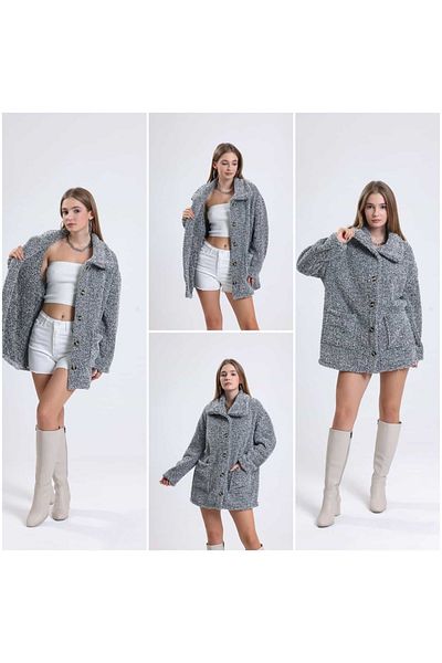 UPARS Gray Anthracite Oversize Plush Coat Front Buttoned