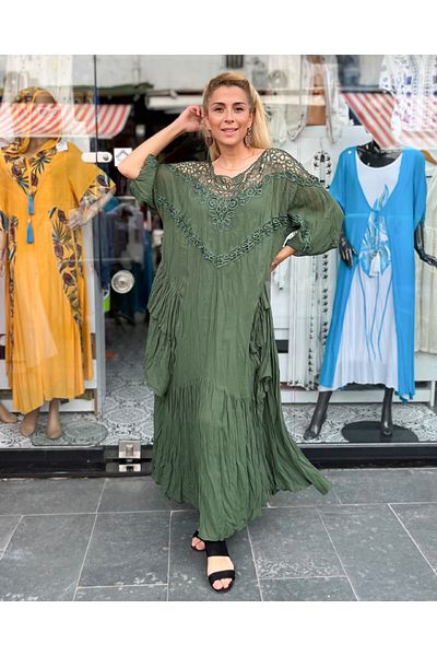 Sosyete Kaplumbağa Plus Size Authentic Voile Cotton Madonna Collar Three Quarter Sleeve Dress