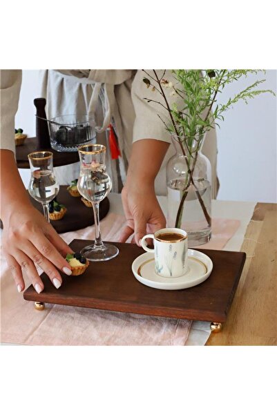 Akayev 34x23 Cm Wooden Presentation Plate - Gold Bead Detailed, Coffee Corner