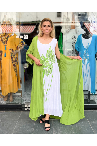 Sosyete Kaplumbağa Otantik Vual Pamuk Büyük Beden Maxi Kimono Kaftan Ceketli ...
