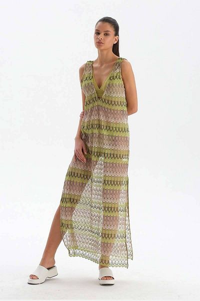 Dagi Grün - Ecru ärmelloses langes Strandkleid mit Schlitzdetail