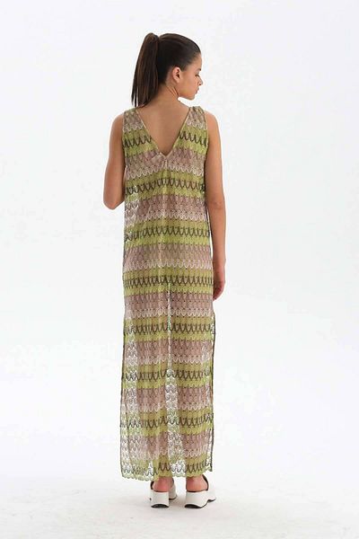 Dagi Grün - Ecru ärmelloses langes Strandkleid mit Schlitzdetail
