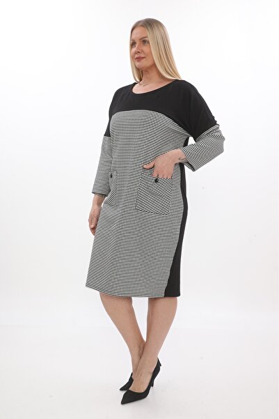 etselements Women's Color-Blocking Houndstooth Plus Size Pocket Detail Button-Down Plus Size Dress Ets9661