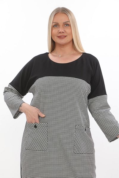 etselements Γυναικείο Color Block Houndstooth Ύφασμα Plus Size Φόρεμα με λεπτομέρεια τσέπης με κουμπιά Ets9661