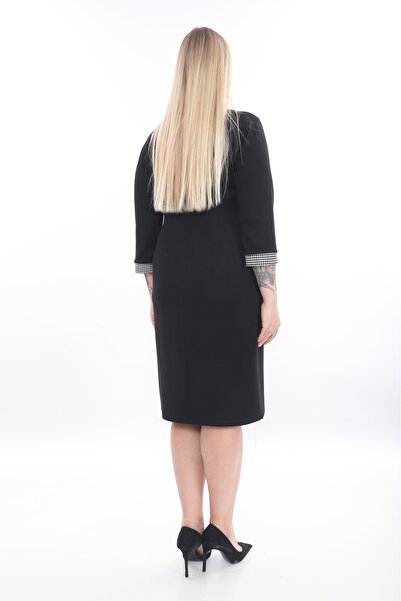 etselements X MODAPO Women's Bow Tie Detailed Houndstooth Midi Plus Size Dress