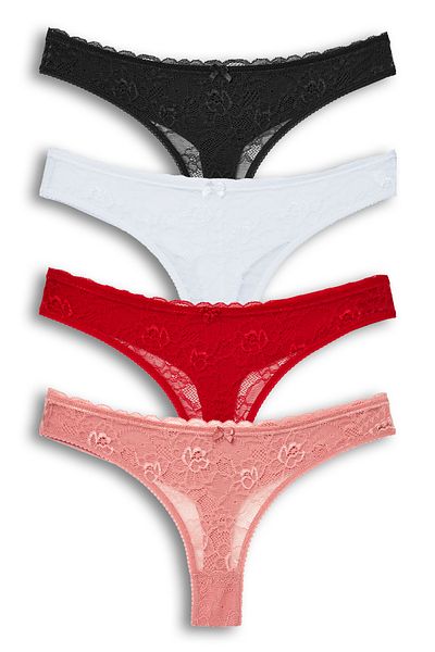 HNX 4-Piece Front Lace Back Double Layer Cotton Thong Women's Panties