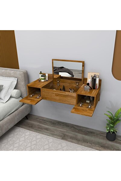 WOODFACE Ceviz Masif Ahşap Masif Aynalı Makyaj Masası Duvara Monte 2 Raflı Tu...