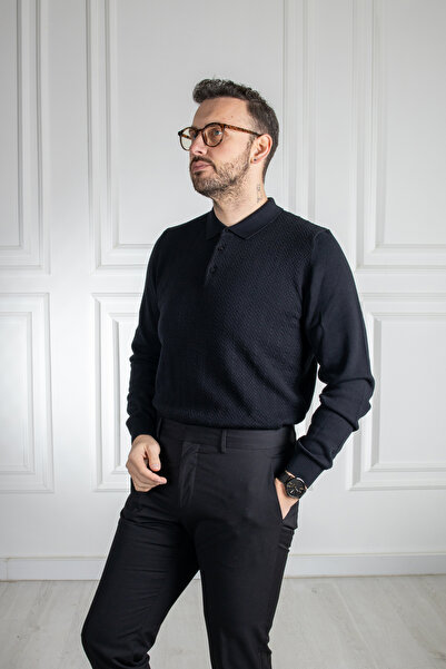 Sarar Πουλόβερ με γιακά πόλο 100% βαμβακερό μαύρο πλεκτό πουλόβερ