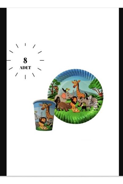 PartAntalya Set de 8 cești cu farfurie pentru ziua de naștere cu animale drăguțe Safari