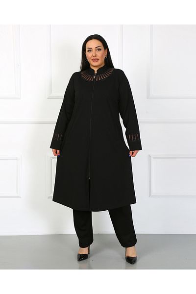 YASEŞA BUTİK MOM WOMEN'S YOUTH LARGE SIZE BLACK DOMINANT COLLAR ZIPPERED POCKET BEAD DETAILED PANT OVER CARDIGAN