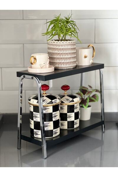 Kafe ss Sweet Smile Mutfak Raf Krom Siyah Tezgah Üstü Raf Kahve Köşesi Raf Banyo Raf Baharatlık