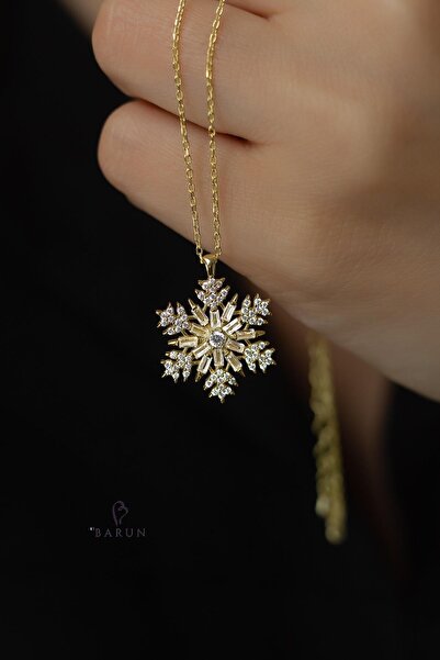 BY BARUN SİLVER Kar Tanesi Baget Kolye Sarı Gold 925 Ayar Zirkon Taşlı Yuvarl...
