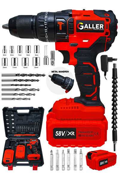 GALLER Alman 58 V 10 Ah 13 Mm Metal Mandren Darbeli Çift Akülü Vidalama Matka...