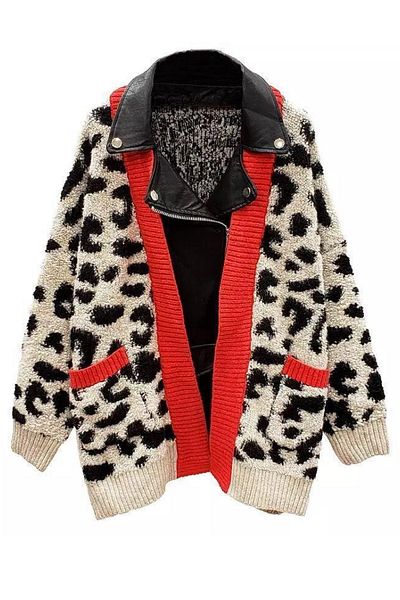 FEMELLE Dámský svetr z koženého oversize pleteného leopardího vzoru na zip