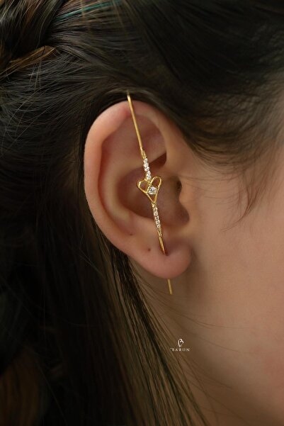 BY BARUN SİLVER Kıkırdak Earcuff Kalp Baston 925 Ayar Zirkon Taşlı Sarı Gold ...