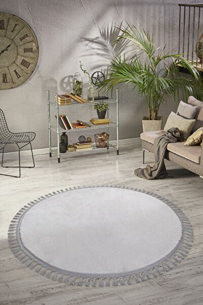 Valery Home Vl Yuvarlak Comfort Ponpon Saçaklı Peluş Halı Gri