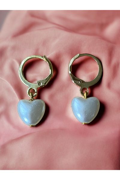 Stoneday White Pearl Heart Figured Gold Detailed Design Earrings