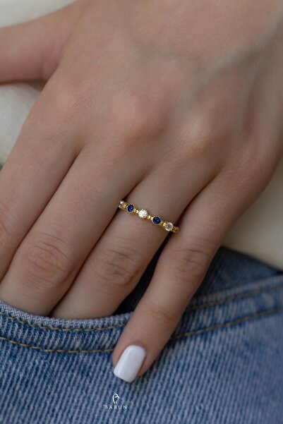 BY BARUN SİLVER Ayarlanabilir Yüzük Yuvarlak Safir 925 Ayar Zirkon Taşlı Sarı Gold Gümüş Yüzük