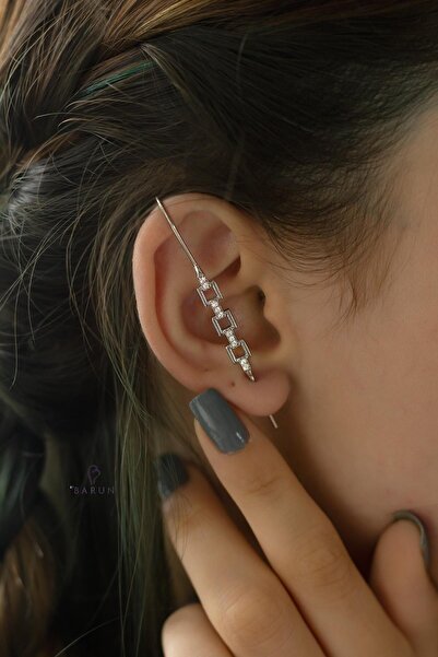 BY BARUN SİLVER Kıkırdak Earcuff Kare Baston 925 Ayar Zirkon Taşlı Beyaz Silver Sıkıştırmalı Gümüş Kıkırdak Küpe