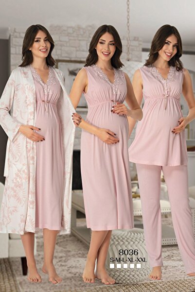 Lohussa Kadın Pembe Geniş Askılı Desenli Hamile Lohusa Sabahlık Pijama Takımı...